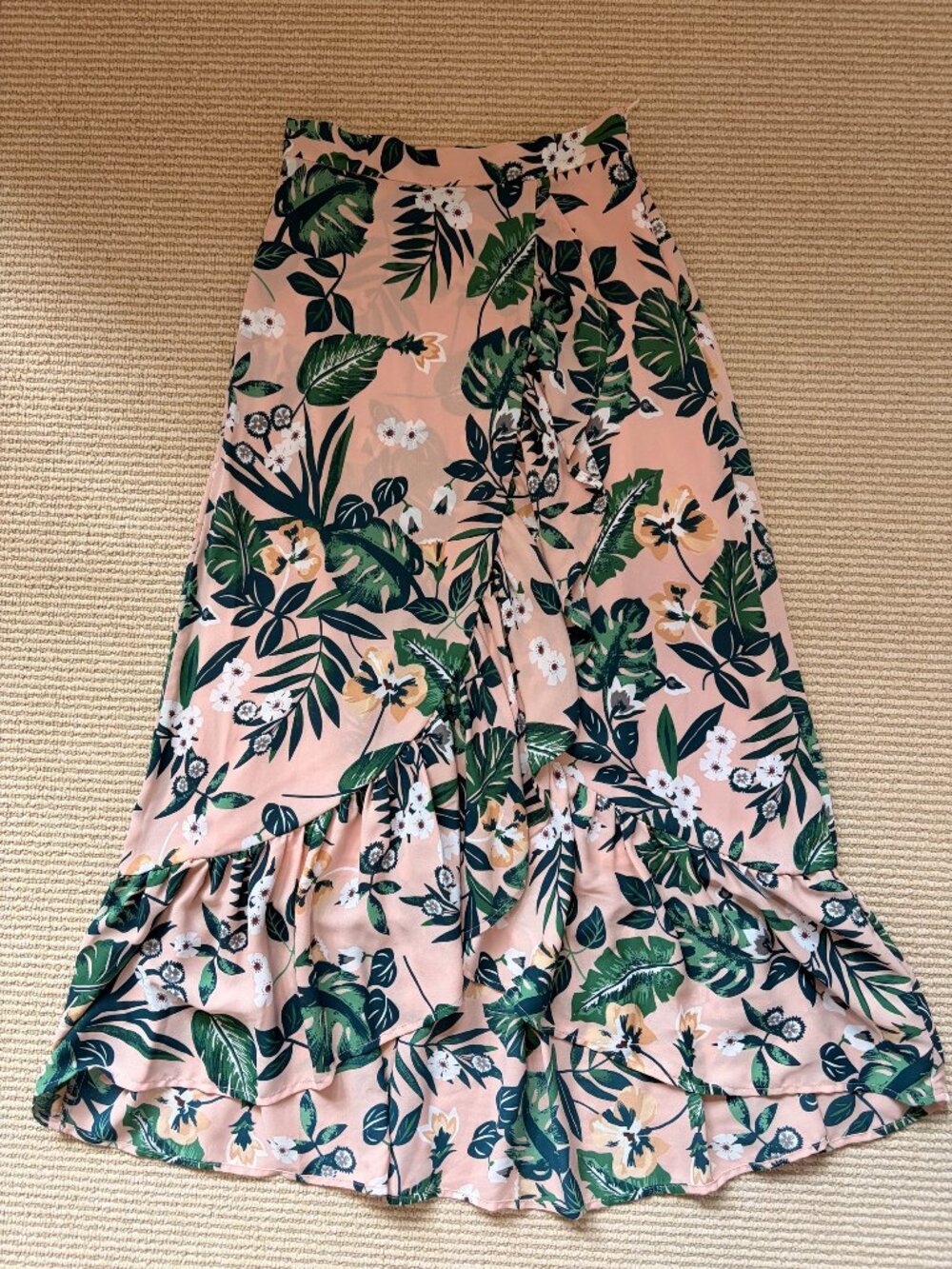 Lulus Pink Green Tropical Floral Ruffle Wrap Maxi Skirt XS